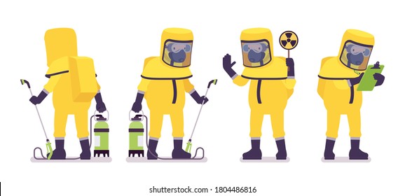 Man wearing yellow hazmat protective clothing holding sprayer, radiation sign. Worker in level A suit, coverall, chemical resistant gloves, breathing apparatus. Vector flat style cartoon illustration