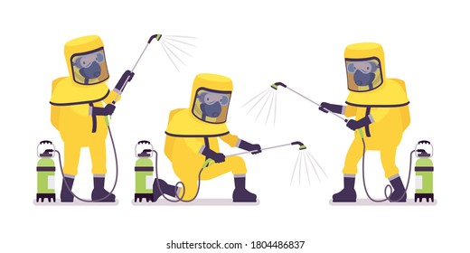 Man wearing yellow hazmat protective clothing with manual pump sprayer. Worker in level A suit, coverall, chemical resistant gloves, inside breathing apparatus. Vector flat style cartoon illustration