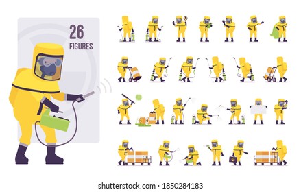 Man wearing yellow hazmat protective clothing character set, pose sequences. Worker in level A suit, coverall and chemical resistant gloves. Full length, different views, gestures, emotions, position