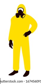 A Man Wearing A Yellow Hazmat Suit With A Respirator. A Personal Protective Equipment With A Safety Mask, Vector Illustration.