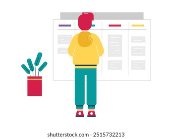 Man wearing yellow hoodie reading announcement board on campus, academic activity. Design character. Vector flat illustration