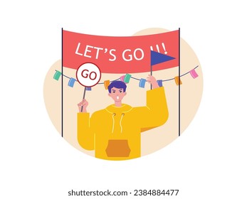 A man wearing a yellow jacket is cheering on an athlete running a marathon, with a flag and sign saying go. Character design. Vector flat illustration