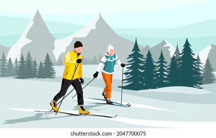 Man wearing yellow jacket and woman in orange trousers skiing at mountain resort. Forrest and snow in the background. Concept of sport and physical exercises. Vector graphic illustration