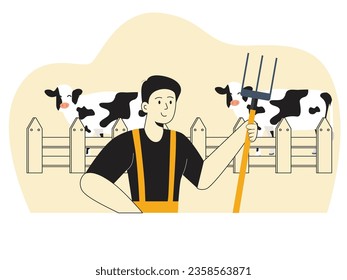 Man wearing yellow overall holding garden fork at farm taking care of cows and milk. Character design. Vector flat illustration