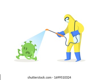 Man wearing yellow protection costume sprays disinfectant on green virus running away. Quarantine, COVID-19 world outbreak. Funny colorful flat vector illustration, isolated on white background.