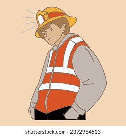 Man wearing yellow safety helmet with lamp and light and orange vest, jacket and gloves. Hand drawn flat cartoon character vector illustration.