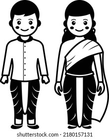 Man wearing yellow shirt with blue dhoti and lady wearing sari vector icon design, World Indigenous Peoples symbol, characters in casual clothes Sign, bangladesh couple standing together Concept