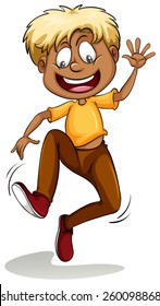 Man wearing a yellow shirt jumping out of joy on a white background