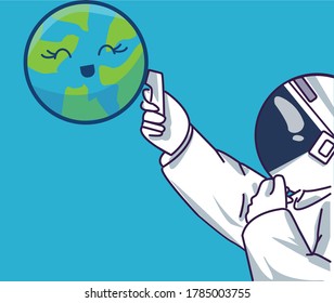 a man wears an astronaut's clothes and uses a body temperature check on the earth illustration