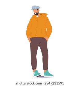 Man Wears Autumn Clothes, Male Character in Cozy Combination Of Jacket, Pants and Cap In Warm Earthy Tones, Perfect For Chilly Weather And Outdoor Activities. Cartoon People Vector Illustration