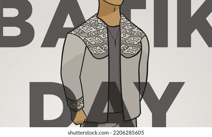 A man wears a batik suit in the pattern of the Mega Mendung illustration. National Batik Day Poster. 2nd October. Cultural heritage.
