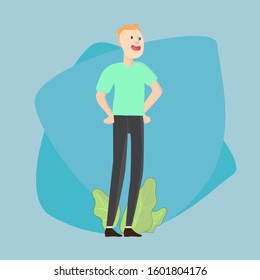 The man wears a blue shirt, blond hair, is standing, and with his hands on his waist. Illustration for your web design background