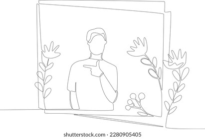 A man wears a bracelet inside a floral frame. Floral frame one line drawing