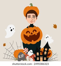 A man wears a cute pumpkin costume to welcome the Halloween season. It is framed with some Halloween elements.