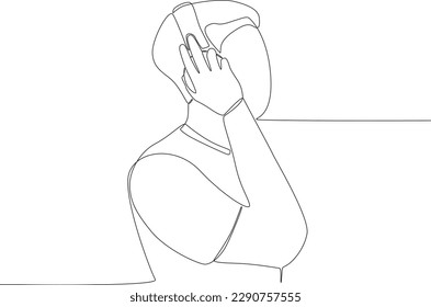 A man wears headphones to hear music. World music day one-line drawing