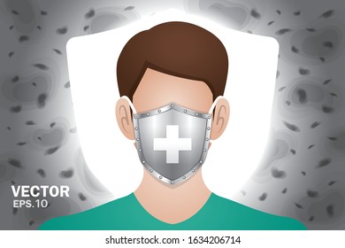 the man wears hygienic mask. Hygienic mask is like a shield that protect him from virus and air pollution. Illustration vector eps10.