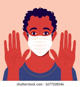 Man wears mask with open palms forward. Coronavirus. Infectious diseases. Warning. Epidemic and pandemic. Gesture of stop. Vector flat illustration