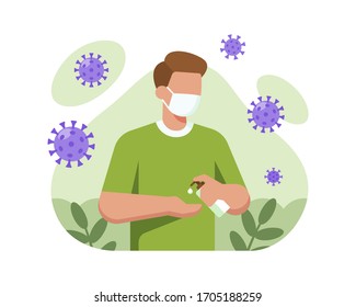 A Man Wears A Mask And Washing His Hands Using A Hand Sanitizer To Prevent Coronavirus Transmission