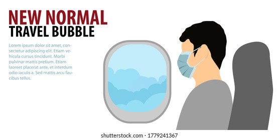 man wears medical mask with flat color design sit on plane with art concept of travel bubble new normal
