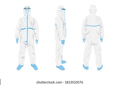 A man wears PPE, Medical Personal Protective Equipment and show Front, side and back views .Vector illustration on white background. 