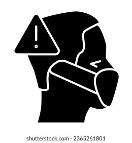 Man wears protective mask and attention solid icon, covid-19 concept, Protection wear from coronavirus and flu sign on white background, male head and respiratory mask icon in glyph style