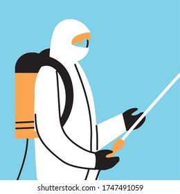 man wears protective suit, disinfection by coronavirus or covid 19 vector illustration design