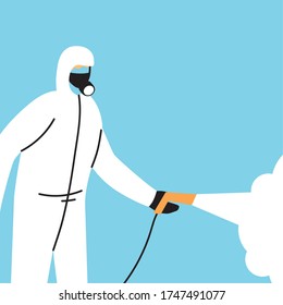 man wears protective suit, disinfection by coronavirus or covid 19 vector illustration design