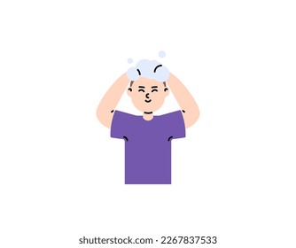 a man wears shampoo to clean and care his hair. maintain hair health and hygiene. character illustration concept design. vector elements