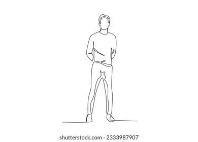 A man wears visual clothes in autumn. Autumn one-line drawing