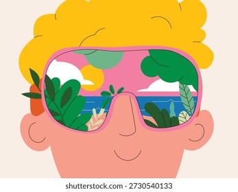 Un hombre lleva gafas de realidad virtual que reflejan una playa tropical con un cielo, sol, mar y exuberante vegetación. Ilustración minimalista que simboliza el uso de la realidad virtual para experimentar un paraíso tropical y la naturaleza