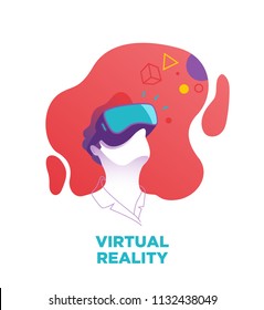 Man wears VR, virtual reality goggles, glasses. Vector illustration, blue, purple glasses, red background