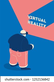Man wears VR, virtual reality goggles, glasses.