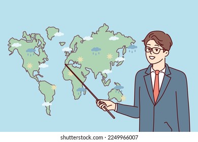 Man weather forecaster showing precipitation prediction map in different parts world. Guy in business clothes with pointer stands near continents for TV show about climate change. Flat vector design 