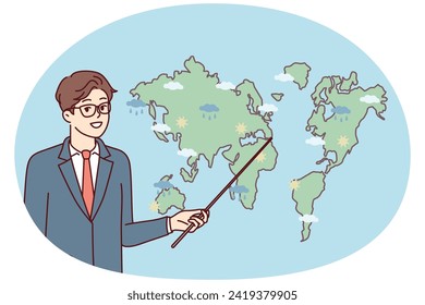 Man weather forecaster showing precipitation prediction map in different parts world. Guy in business clothes with pointer stands near continents for TV show about climate change. Flat vector design