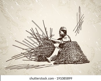 Man weaves a basket of bamboo. Hand drawn illustration