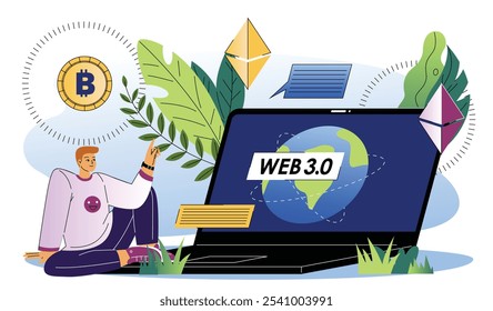 Homem com web 3.0. Jovem rapaz perto de laptop com nova página na Internet. Criptomoeda e Blockchain. Tecnologias e inovações modernas. Ilustração de vetor plano isolada no plano de fundo branco