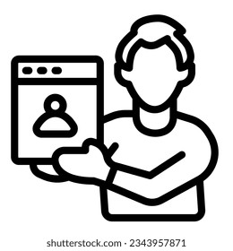Diseñador web de hombre con presentación del icono de línea de proyecto de sitio, concepto ui, signo de vector de desarrollador sobre fondo blanco, icono de esquema de diseño web de concepto móvil. Gráficos vectoriales.