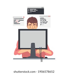 Man Web Developer or Programmer Working In Front of Computer Screen Vector Illustration