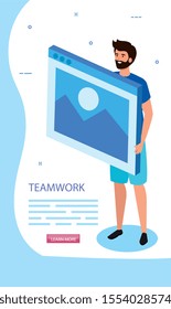 man with web page in scene teamwork vector illustration design
