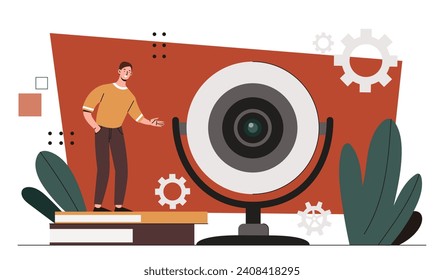Man with webcam concept. Young guy with camera. Character with security system. Protection of private property. Popular blogger, streamer on internet. Cartoon flat vector illustration