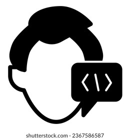 Hombre, diseñador de sitios web, retroalimentación, icono sólido de cuadro de diálogo, concepto de diseño web, signo de vector de comentario sobre fondo blanco, icono de estilo de glifo para concepto móvil y diseño web. Gráficos vectoriales