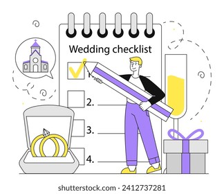 Hombre con planificador de bodas lineal. Joven con un evento de planificación de lápiz o vacaciones. Gerente con lista de verificación para la ceremonia de matrimonio. Regalo, anillos, iglesia y champán. Ilustración del vector plano Doodle