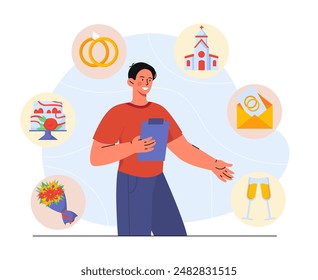 Man with wedding planner. Young guy buys bouquet of flowers, gold rings, champagne and cake. Manager with preparation of marriage ceremony. Cartoon vector illustration isolated on white background