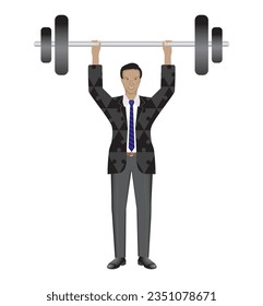 Man weight lifting. Dressed in costyme with puzzle pieces. Isolated. Vector illustration.