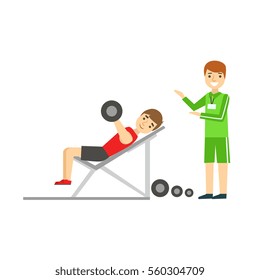 Man Weight Lifting With Personal Trainer, Member Of The Fitness Club Working Out And Exercising In Trendy Sportswear