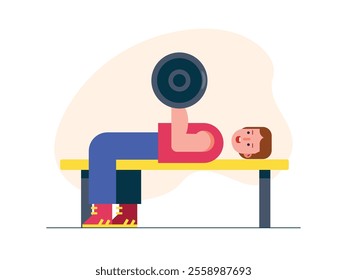 Man in weight lifting position, starting to exercise to build body muscles. Character design. Vector flat illustration