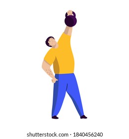 Man with a weight on a white isolated background. Vector illustration in a flat style, on the theme of sports.