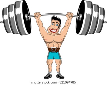 Man Weightlifter lifting heavy weights above head isolated