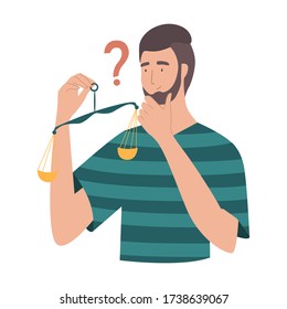 Man weights decisions vector concept. Male holding libra scales and trying to make a decision. Guy makes up his mind, difficult decision, dilemma concept, solution of choice.