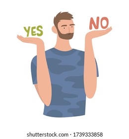 Man weights decisions vector concept. Male making decision between yes and no. Guy makes up his mind, difficult decision, dilemma concept, solution of choice.
